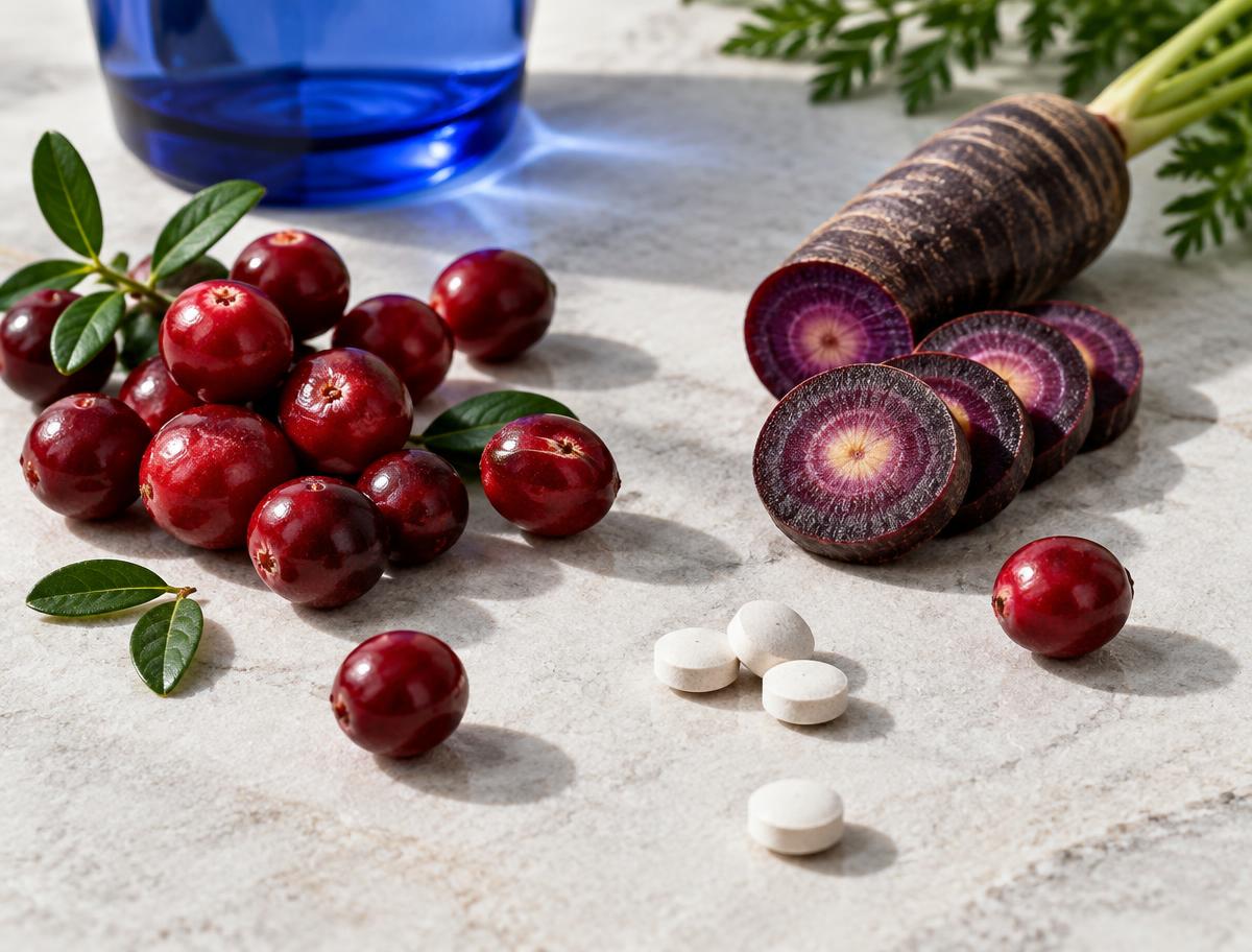 Cranberries, purple carrot and chewable tablets arranged on a light surface